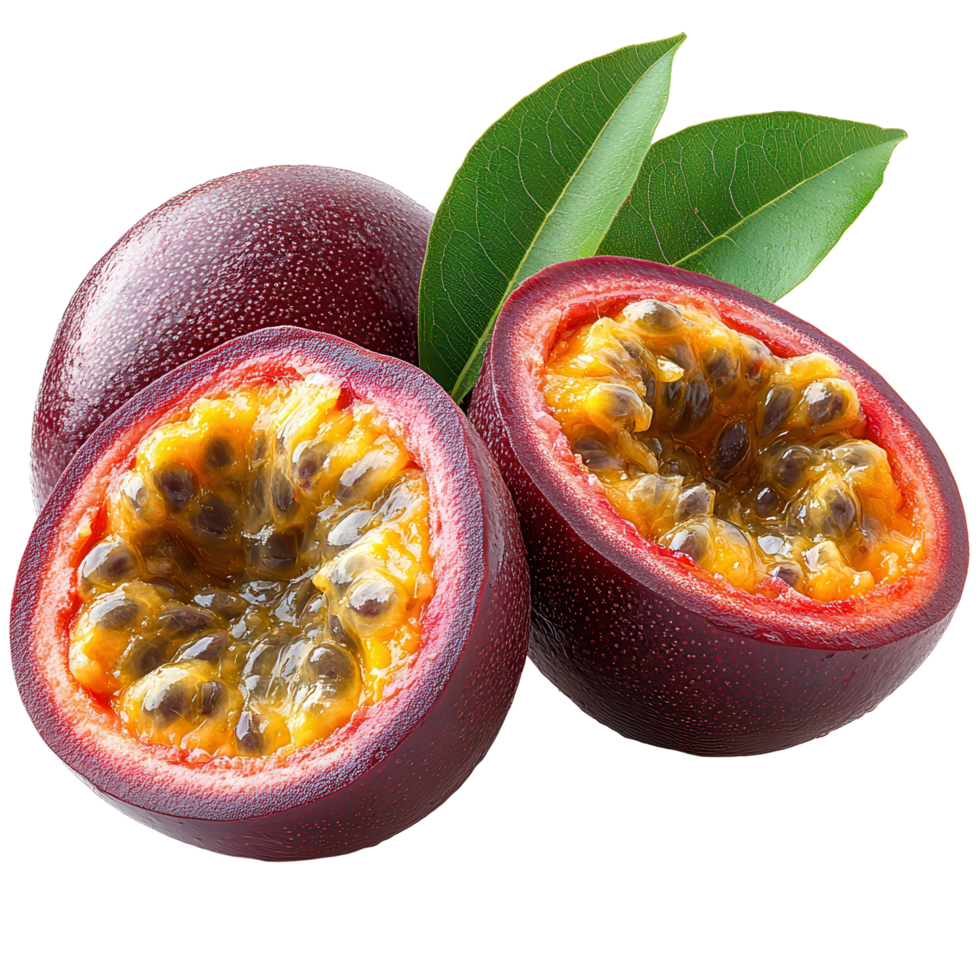 Fresh passion fruits cut in half revealing juicy orange pulp and black seeds under green leaves isolated on transparent background png