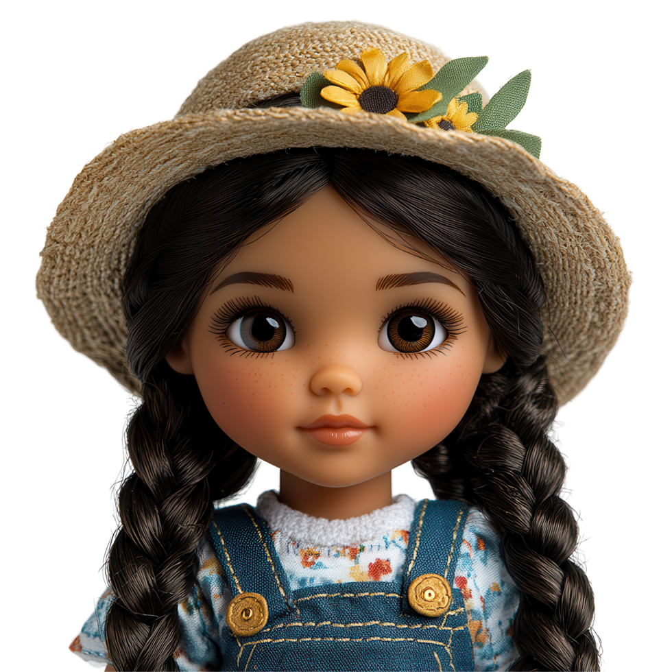 Young girl doll wearing a straw hat with sunflowers and braids in a cute outfit featuring floral patterns isolated on transparent background png