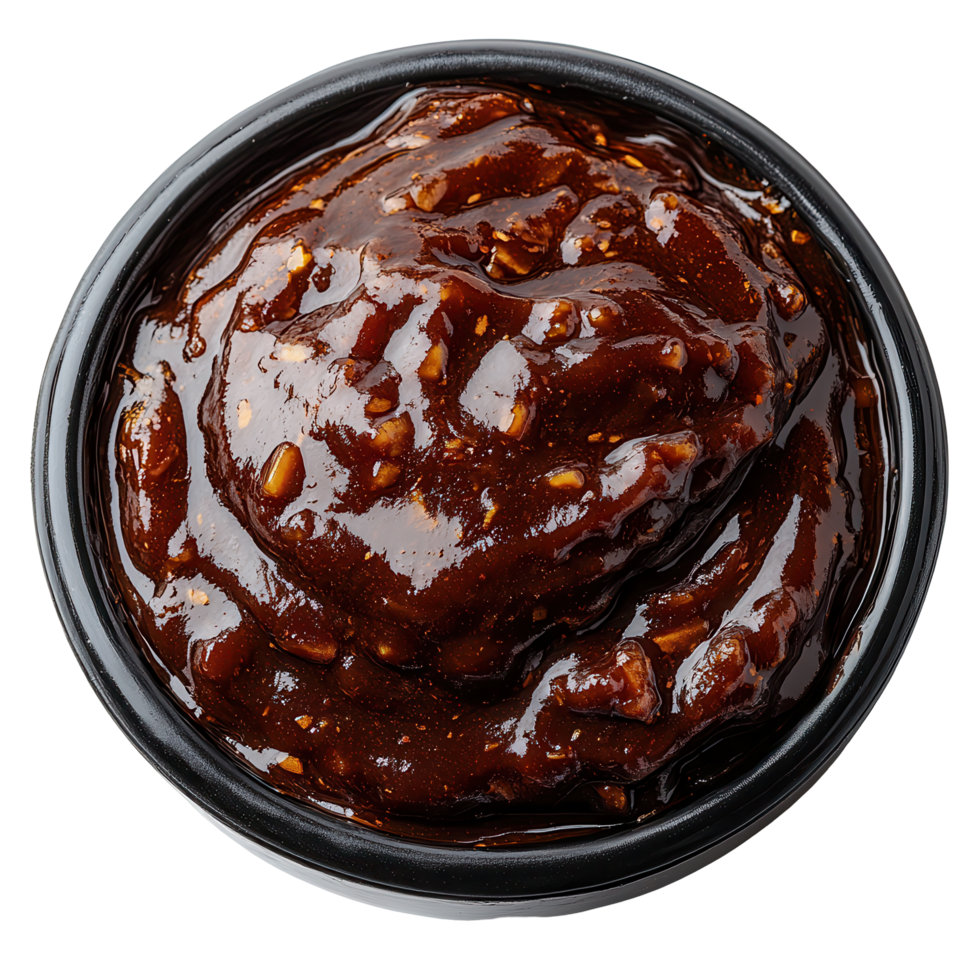 Rich and savory chocolate sauce in a black container with nuts on top, delicious and tempting for desserts and snacks isolated on transparent background png
