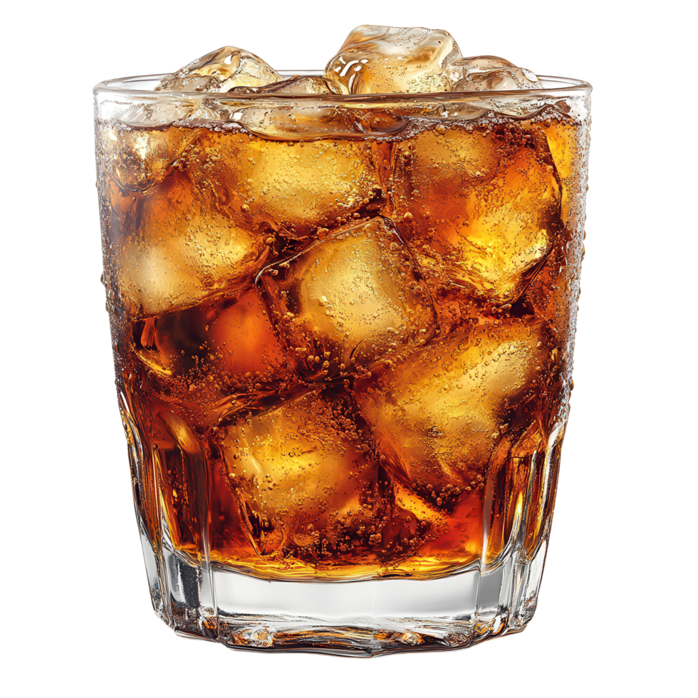 Refreshing drink with ice in a clear glass served on a wooden table in a casual setting during summer isolated on transparent background png