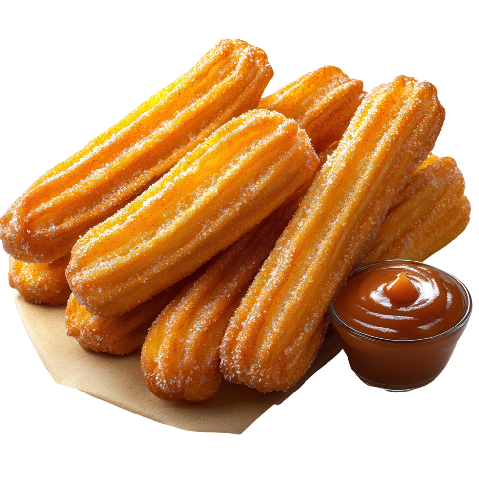 Delicious churros served with rich caramel sauce on a paper plate in a cozy setting isolated on transparent background png