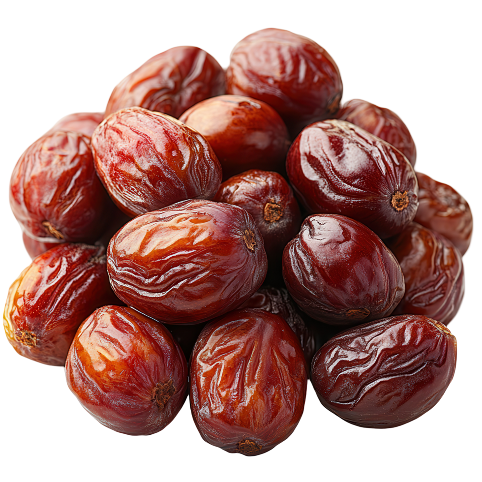 Freshly harvested dates piled together, showcasing their rich color and texture in a natural setting isolated on transparent background png