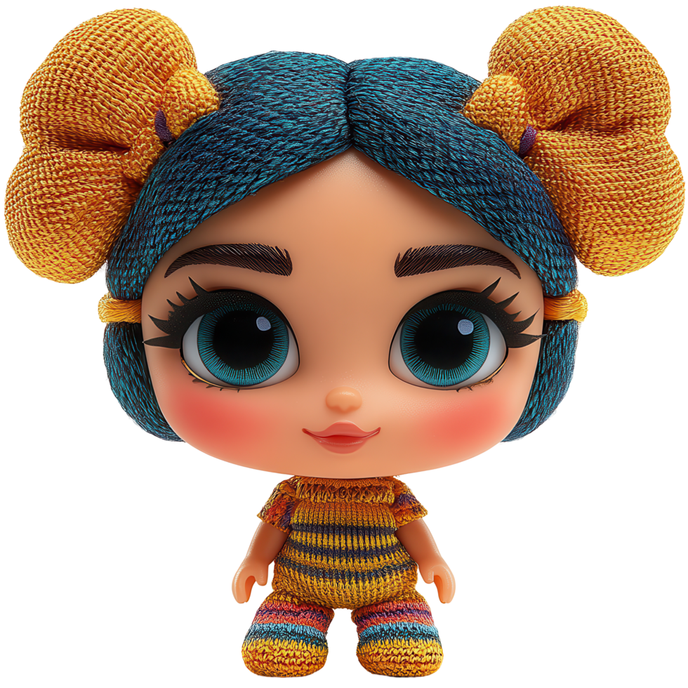 Colorful doll with big eyes and playful hairstyle captures attention in a lively setting isolated on transparent background png