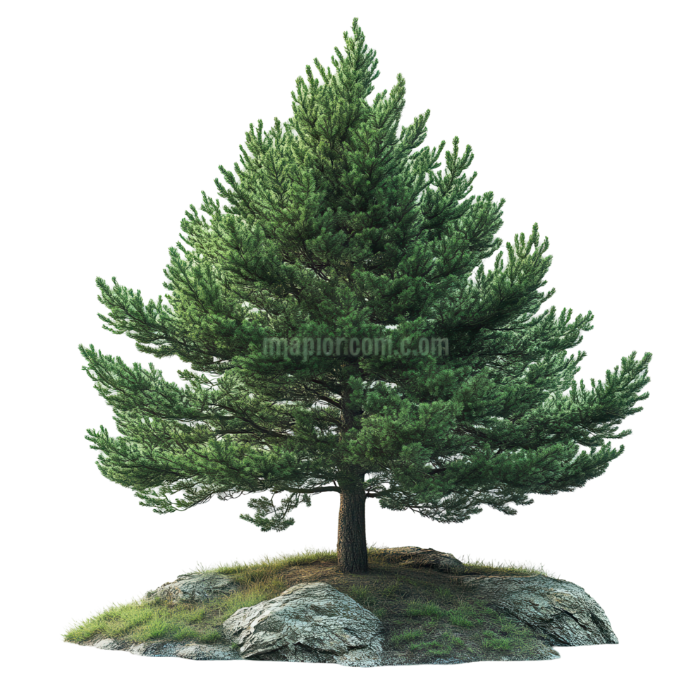 Tall evergreen tree surrounded by rocks and grass in a natural setting during daylight isolated on transparent background png