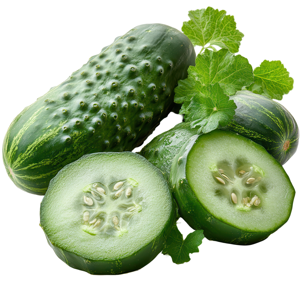 Fresh green cucumbers sliced open with vibrant leaves on a clean surface isolated on transparent background png