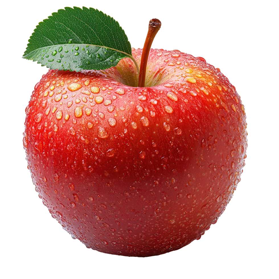 Freshly washed red apple with dew drops and a green leaf resting on a white background isolated on transparent background png