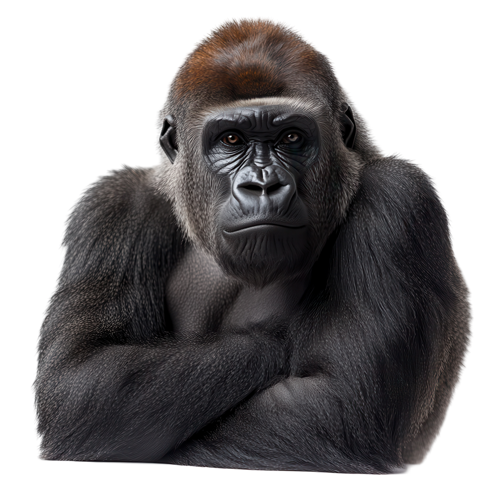 Majestic gorilla gazes thoughtfully while resting in a calm environment isolated on transparent background png