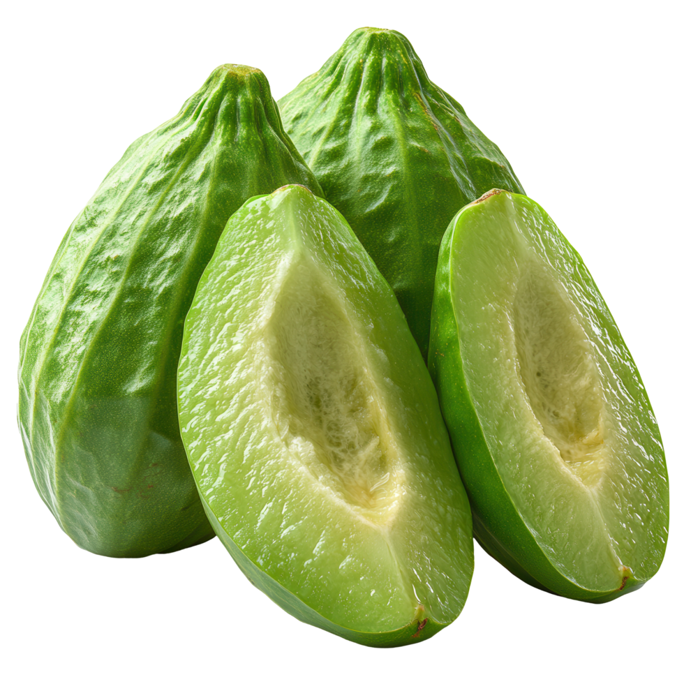 Fresh chayote fruits displayed, showcasing their green texture and inner pulp ready for culinary use isolated on transparent background png