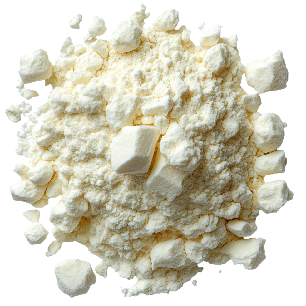 Powdered substance with irregular chunks scattered on a surface, likely used in baking or cooking endeavors isolated on transparent background png
