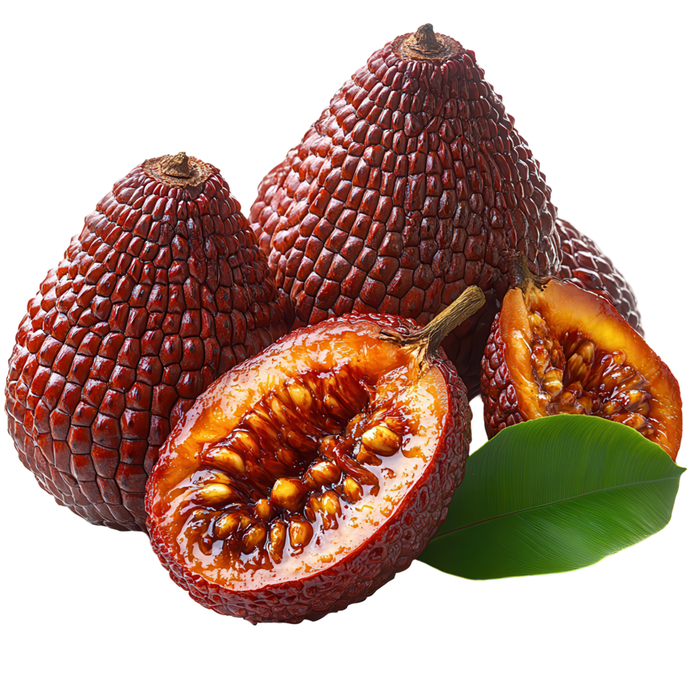Exotic salak fruit displayed with a cut open to reveal its rich, sweet texture and unique appearance isolated on transparent background png