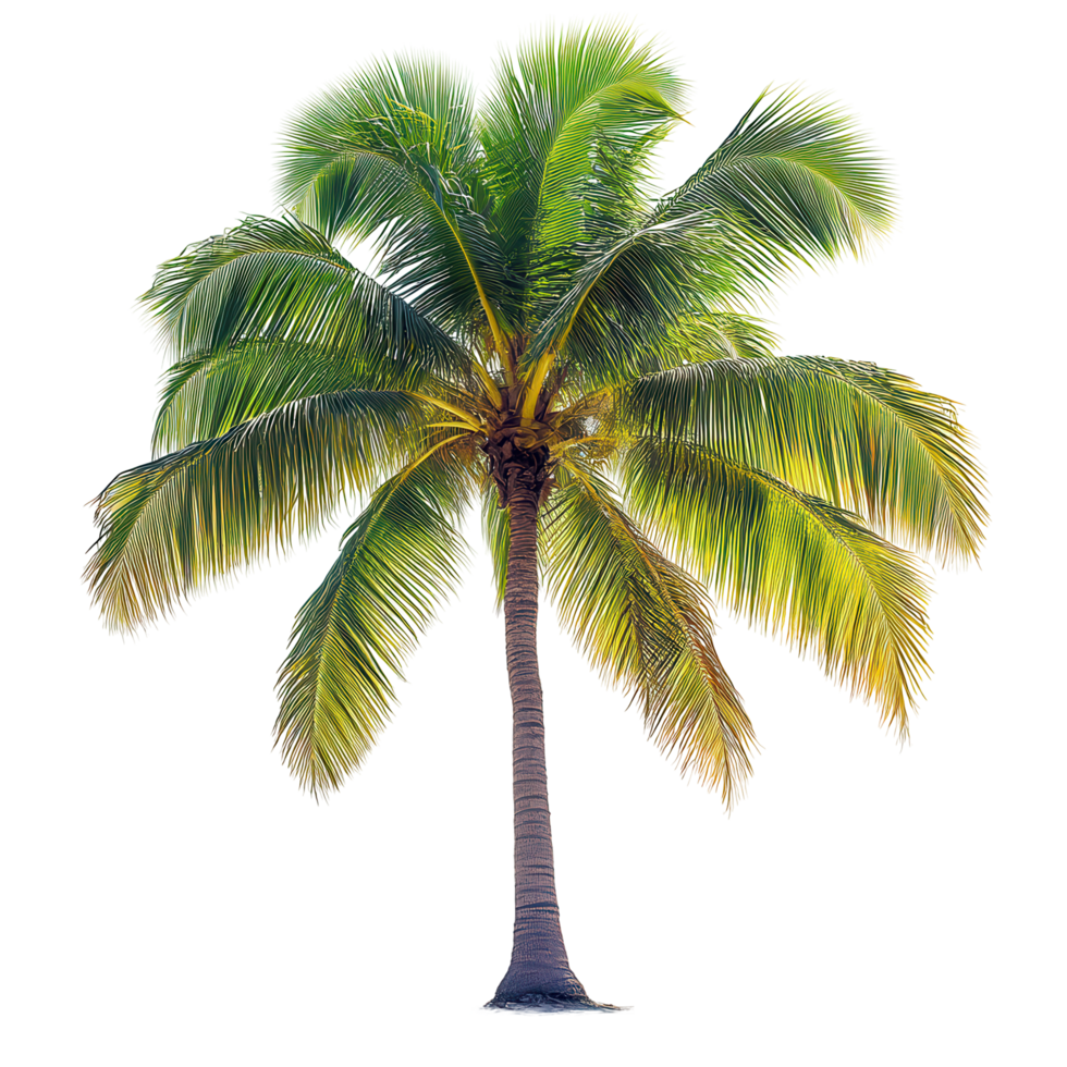 Vibrant palm tree with lush green leaves standing tall against a bright background isolated on transparent background png
