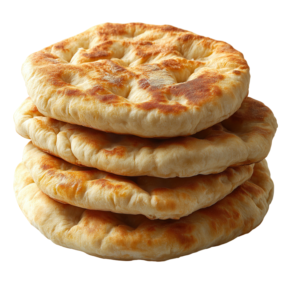 Freshly baked flatbreads stacked high on a clean white background showcasing their golden-brown texture and fluffy appearance isolated on transparent background png
