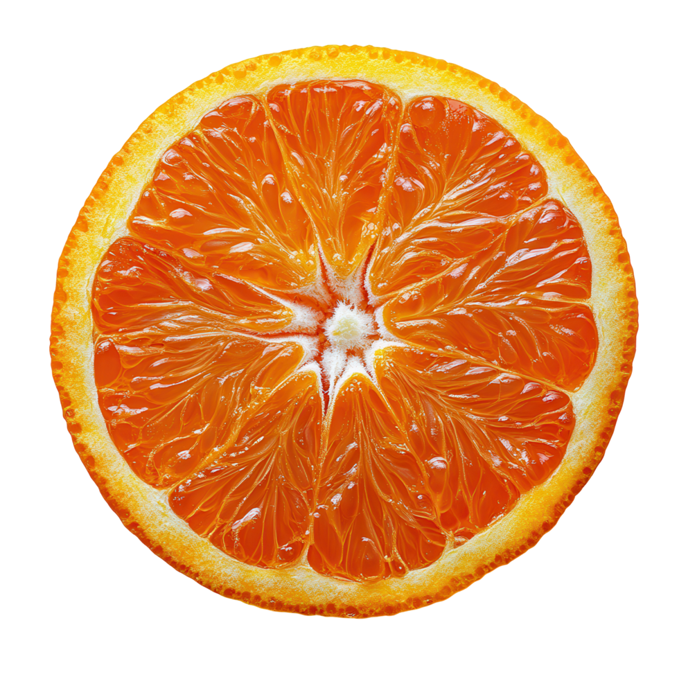 Freshly cut orange slice displaying vibrant color and texture, perfect for healthy snacks and beverages isolated on transparent background png