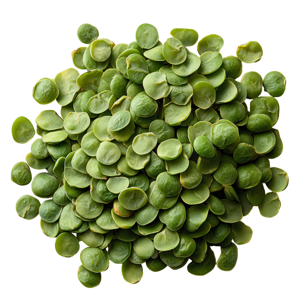 Green pea seeds arranged in a neat pile showcasing their vibrant color and unique shape in a fresh kitchen setting isolated on transparent background png