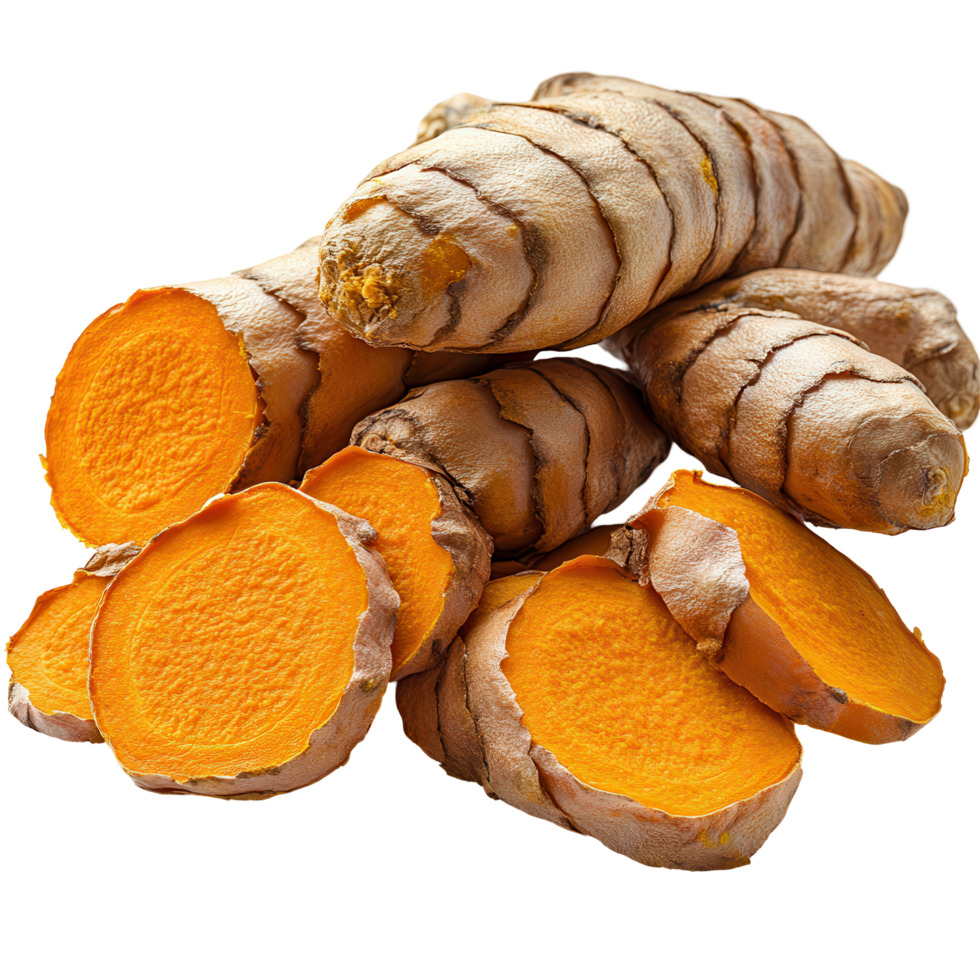 Fresh turmeric roots with bright orange flesh displayed on a white background isolated on transparent background png