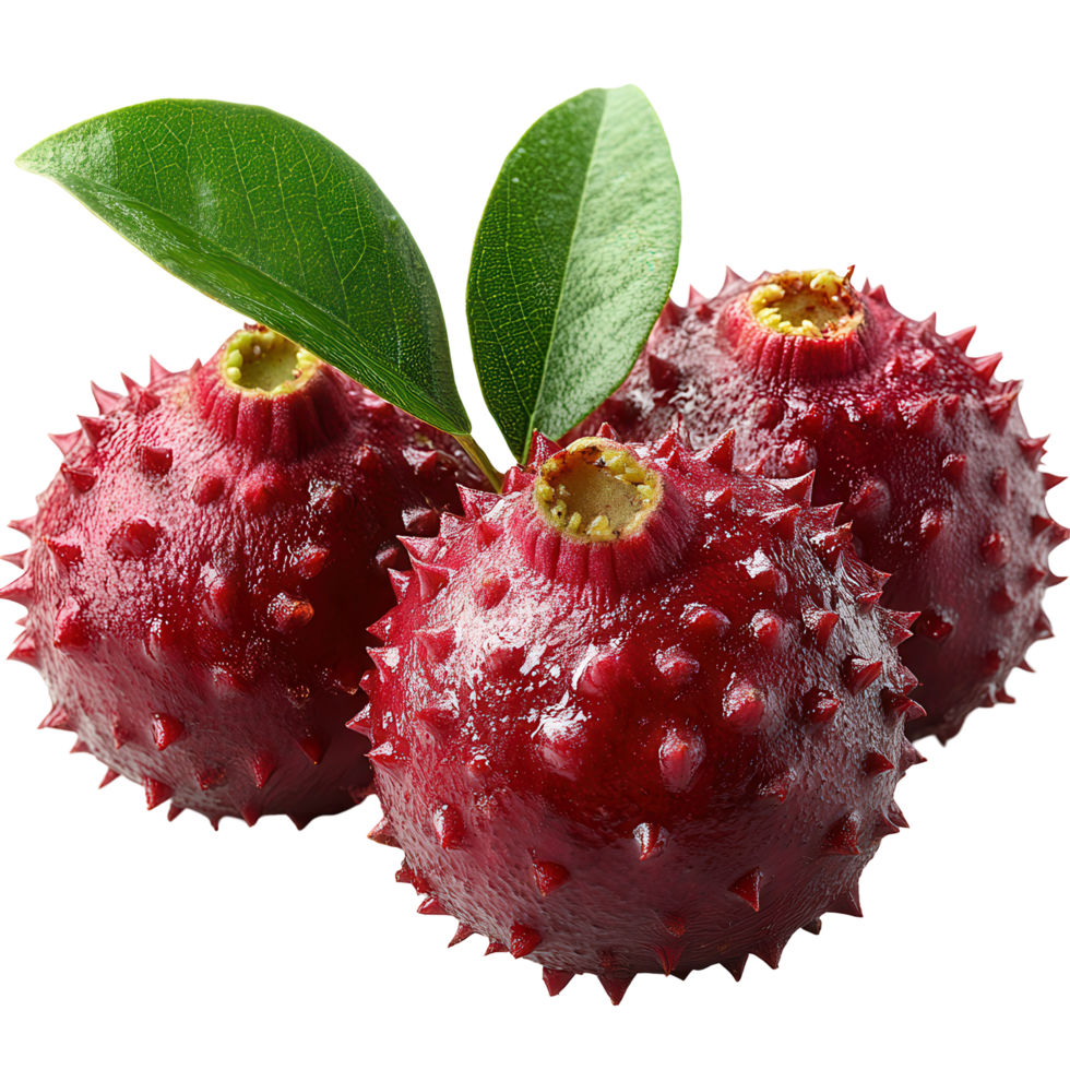 Unique spiky red fruit with green leaves displays its unusual texture and vibrant color on a plain background isolated on transparent background png