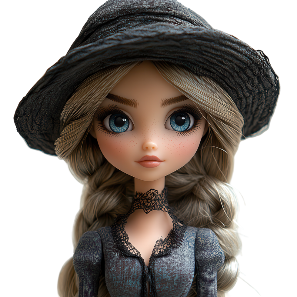 Doll with long braid wearing a stylish black hat and gray dress in a minimalist setting isolated on transparent background png