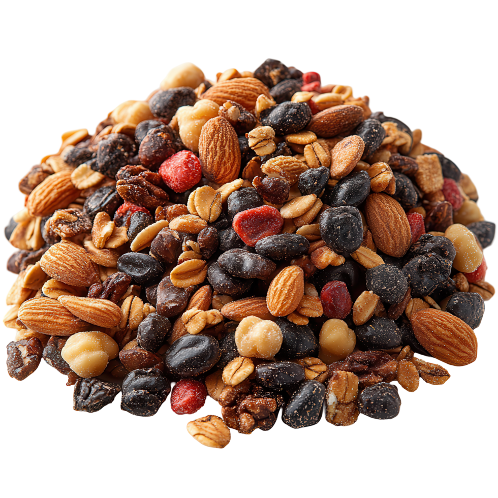Healthy trail mix blend featuring nuts, seeds, and dried fruits ideal for snacking during outdoor adventures isolated on transparent background png