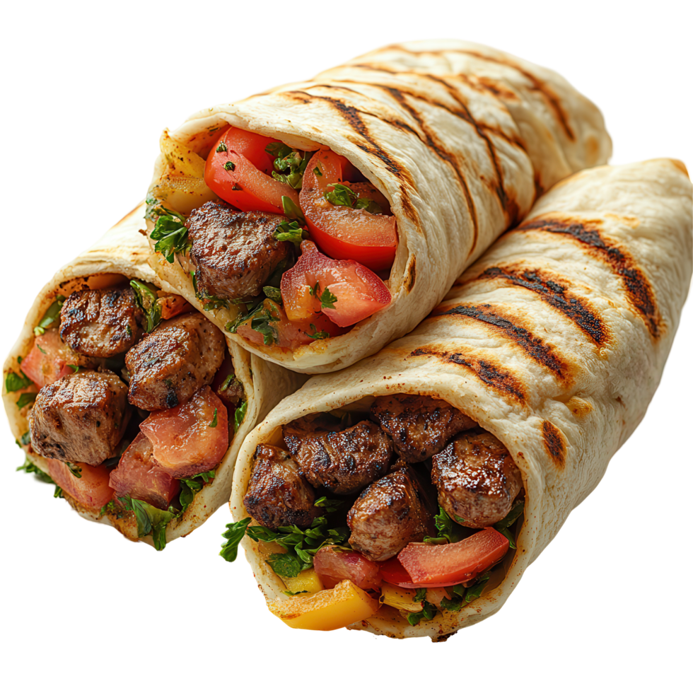Deliciously grilled meat wraps filled with fresh vegetables and herbs from a local food market isolated on transparent background png
