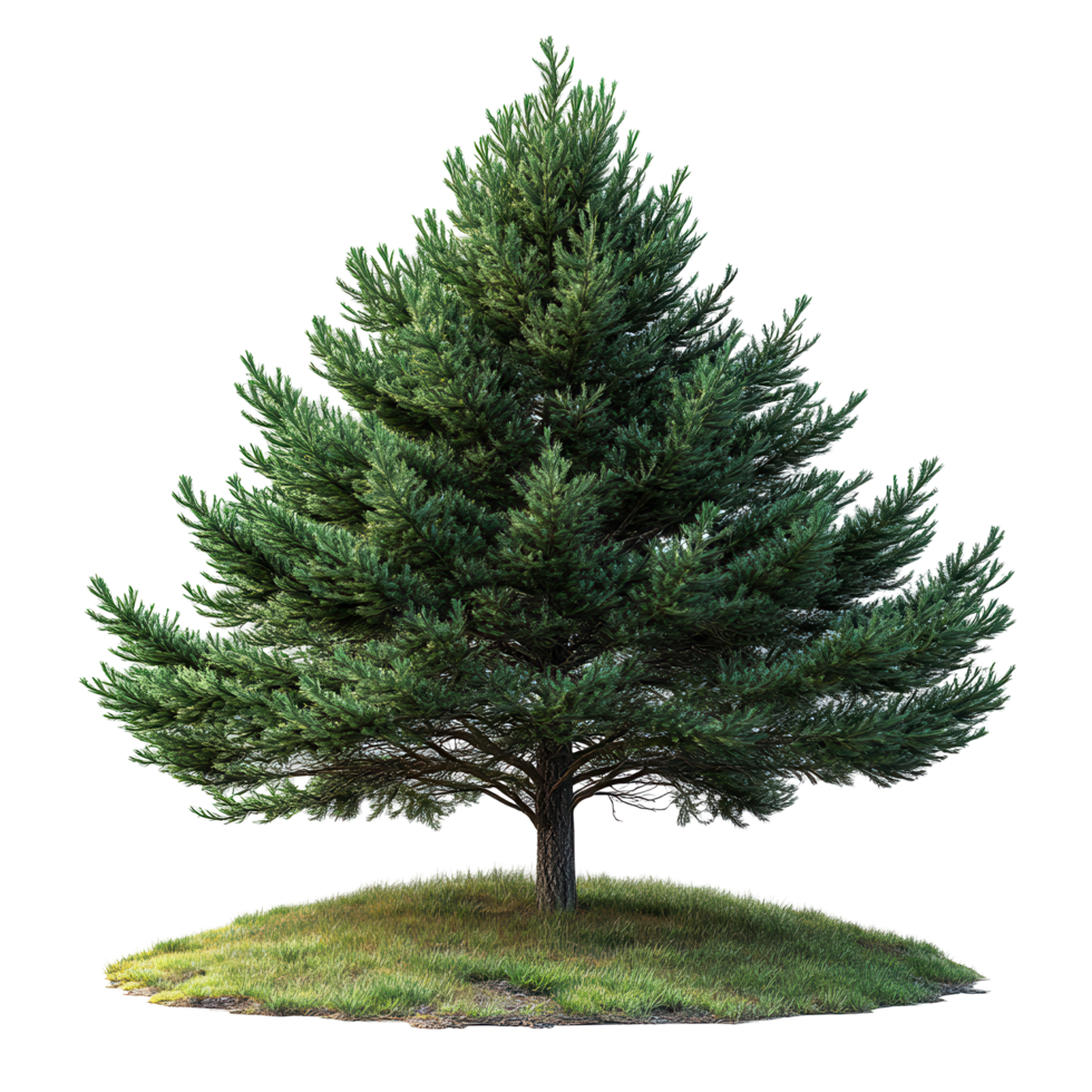 Evergreen tree surrounded by green grass on a small grassy mound in a clear outdoor setting isolated on transparent background png