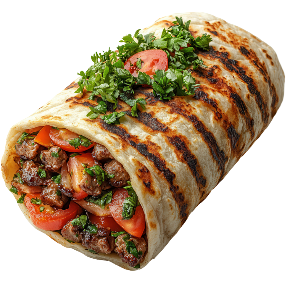Savory grilled wrap filled with spiced meat and fresh vegetables enjoyed during a sunny afternoon isolated on transparent background png