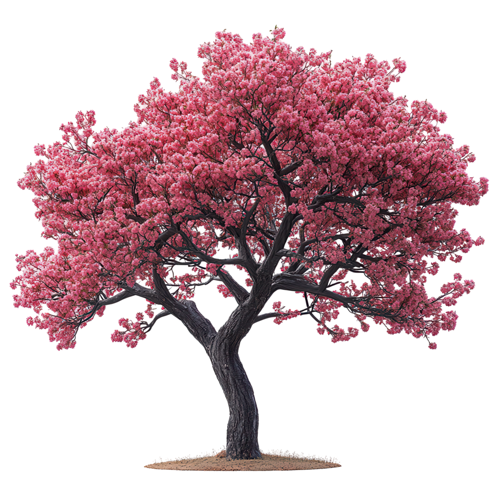 Blooming cherry blossom tree in a serene park setting during springtime, showcasing vibrant pink flowers and a twisted trunk isolated on transparent background png