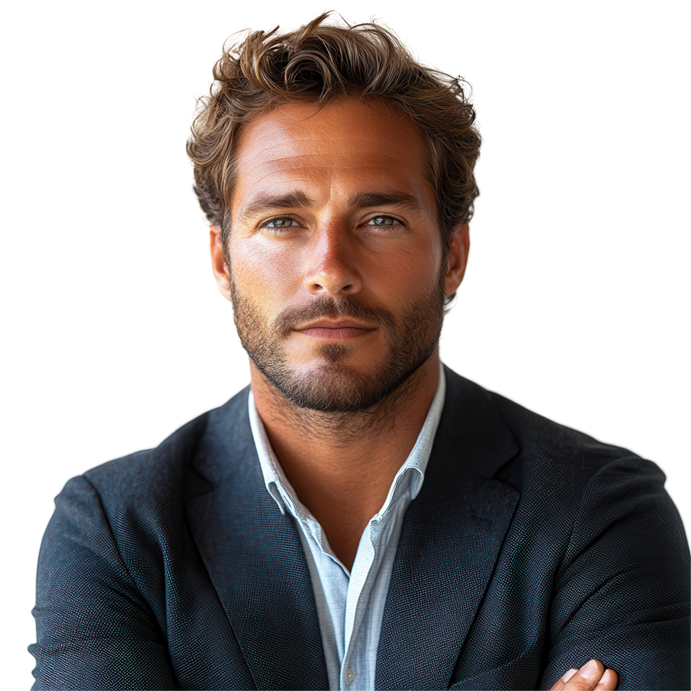 Confident man in a formal blazer with tousled hair poses against a blank backdrop, showcasing a charismatic expression and strong demeanor isolated on transparent background png