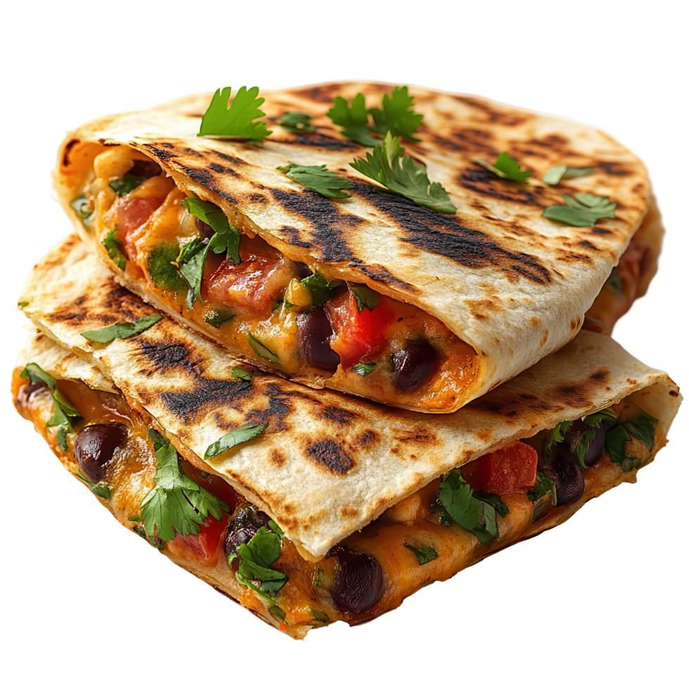Delicious quesadillas filled with black beans, tomatoes, and herbs on a plate isolated on transparent background png