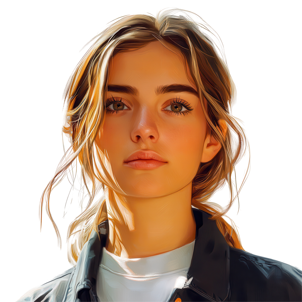 Portrait of a young woman with flowing hair against a light background in a casual outfit showcasing natural beauty and serene expression isolated on transparent background png