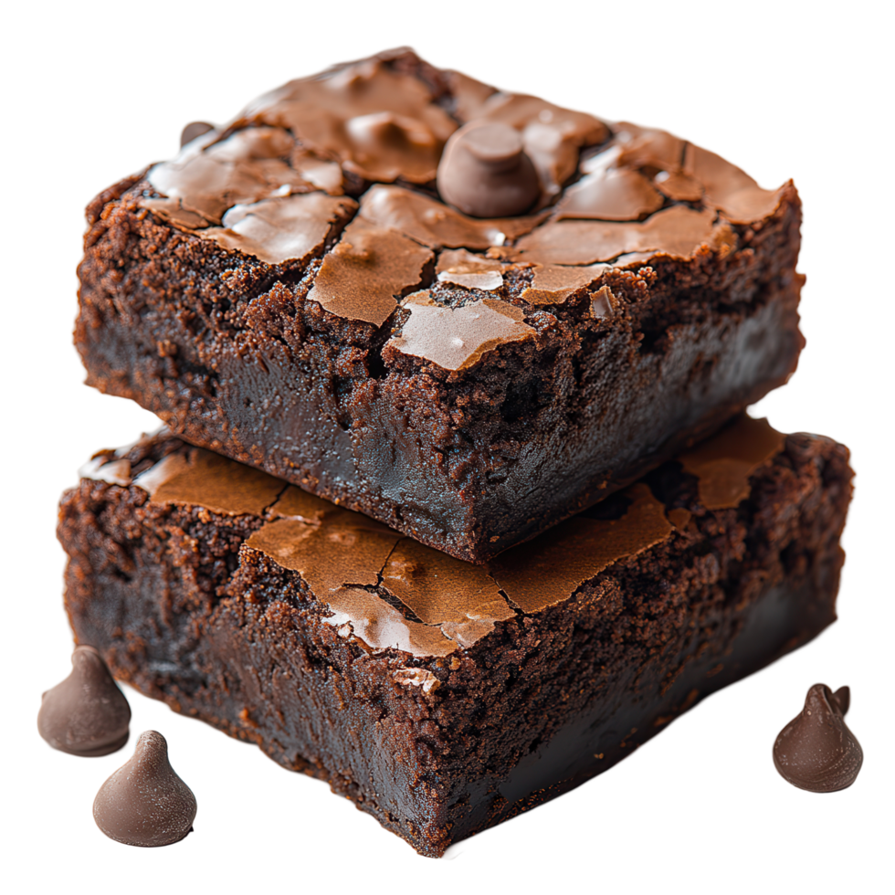 Decadent chocolate brownies with chocolate chips on a white surface, showcasing rich texture and tempting appearance isolated on transparent background png