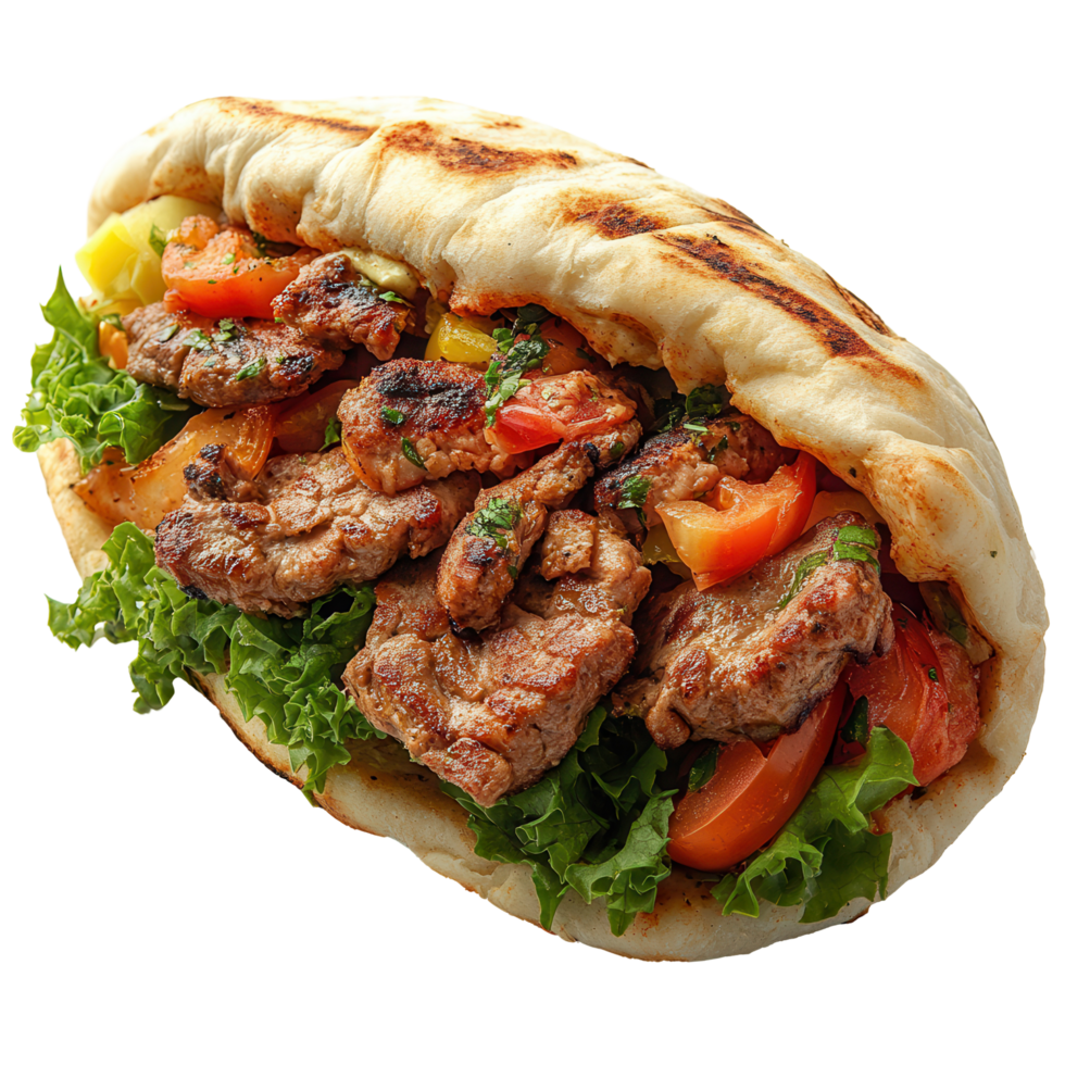 Delicious pita sandwich filled with grilled meat, fresh vegetables, and herbs at a local eatery isolated on transparent background png