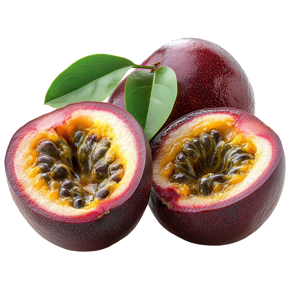Freshly cut passion fruits reveal juicy pulp and seeds, showcasing vibrant colors and texture isolated on transparent background png