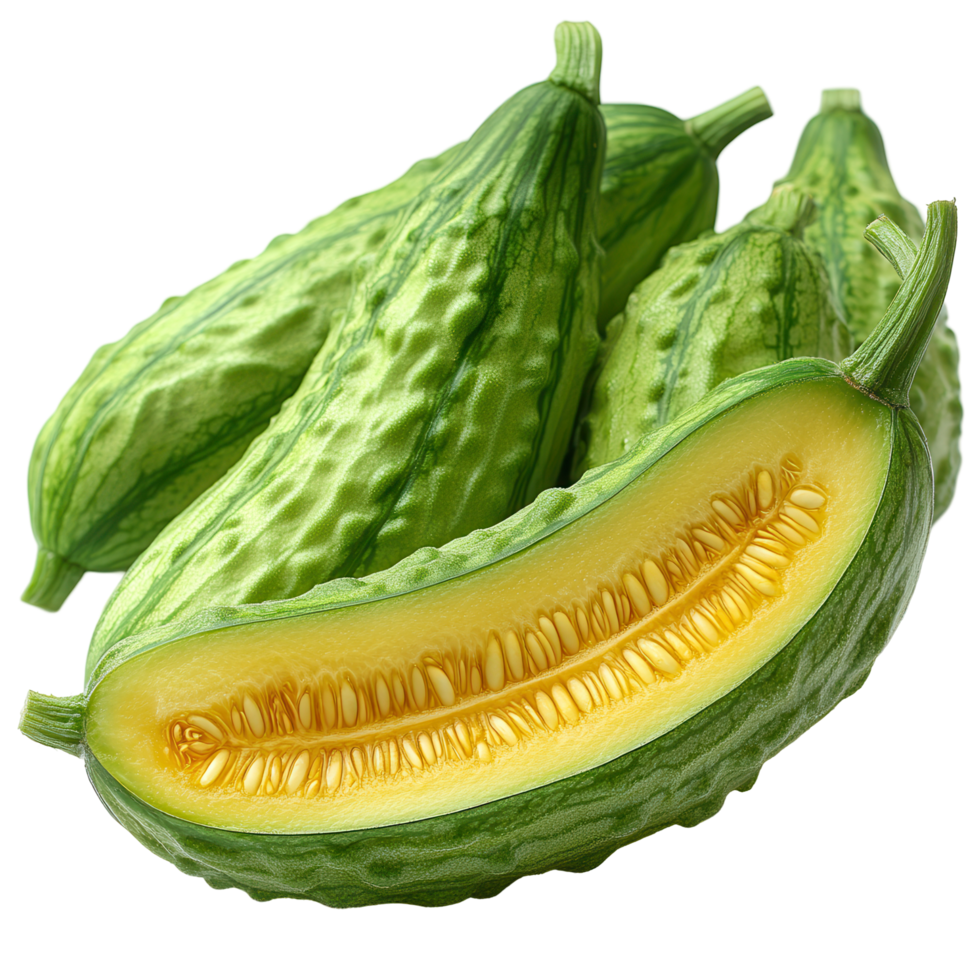 Fresh bitter melons displayed on a white background highlighting their unique texture and color variations isolated on transparent background png