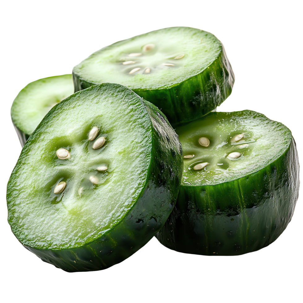 Freshly sliced cucumbers arranged in a stack showing vibrant green color and juicy texture isolated on transparent background png
