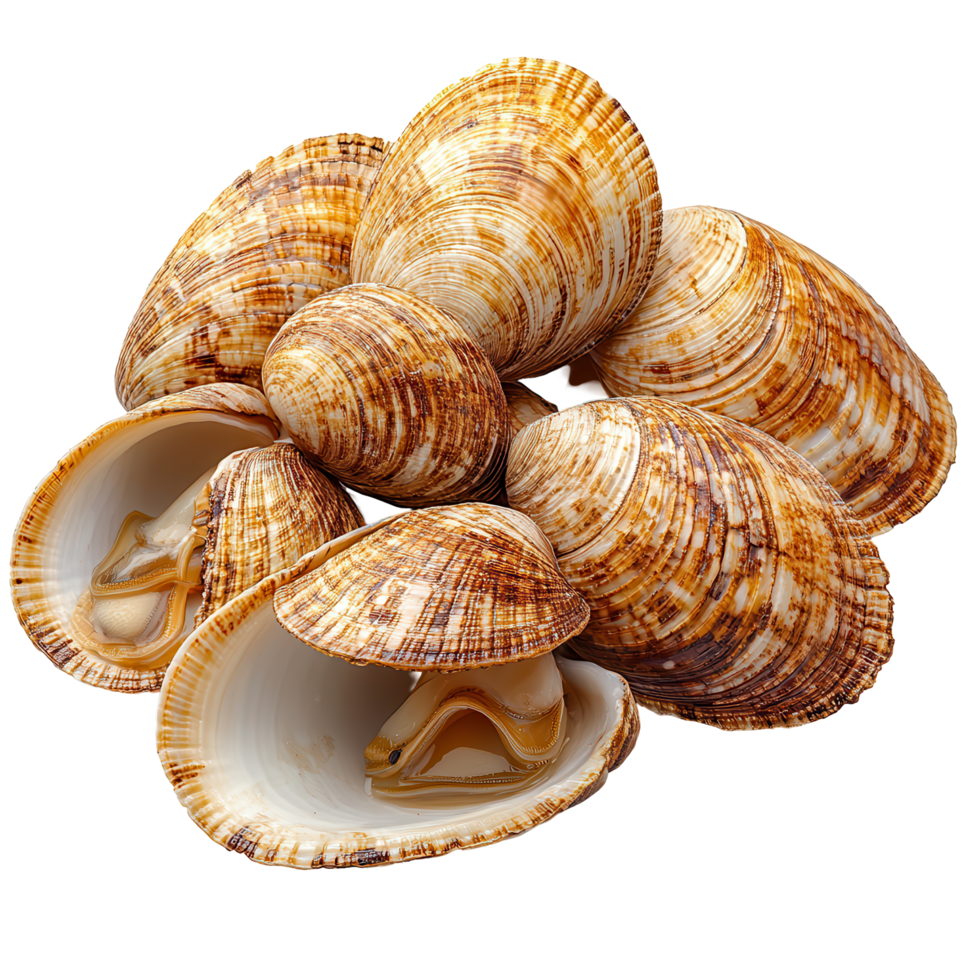 Fresh clams displayed in a natural arrangement on a light surface showcasing their unique patterns and textures isolated on transparent background png