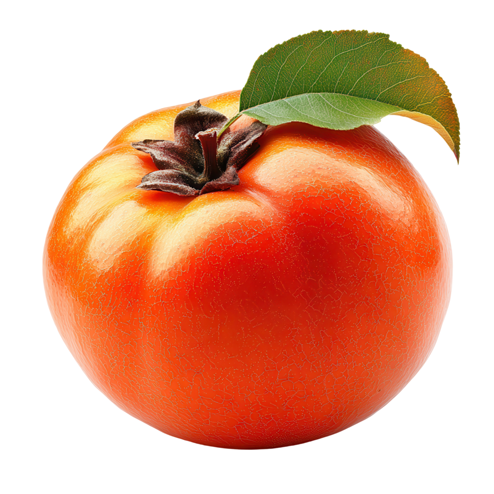Ripe persimmon with vibrant orange skin and green leaf, showcasing natural freshness in close-up view isolated on transparent background png
