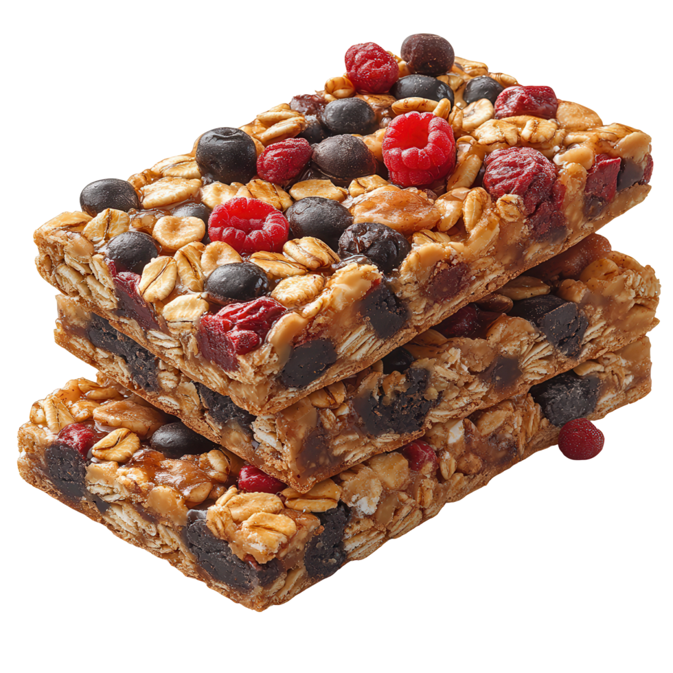 Nutritious snack bars stacked with berries and oats for healthy energy on the go isolated on transparent background png