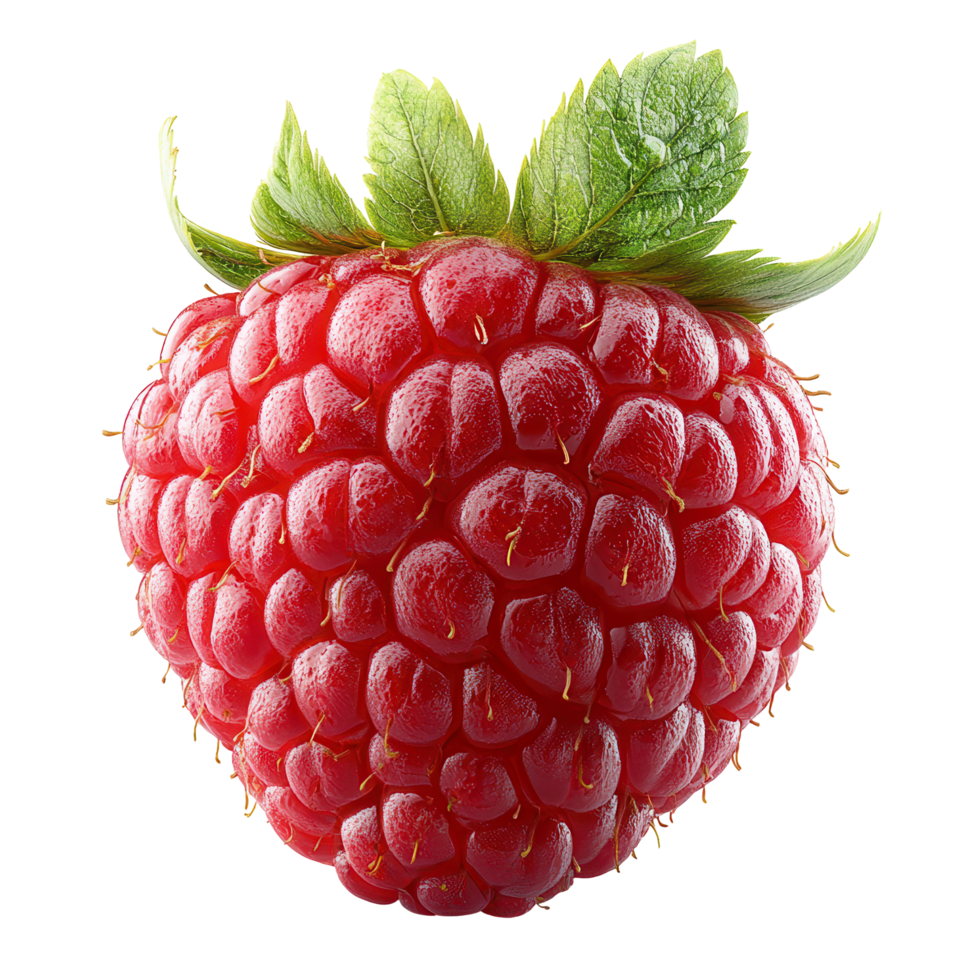 Fresh raspberry showcasing vibrant color and texture with leafy green top against a white background isolated on transparent background png