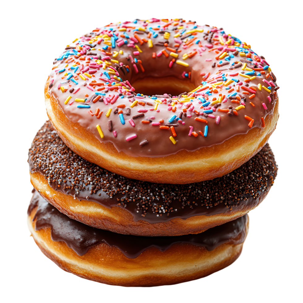 Colorful donuts stacked high with chocolate and sprinkles suitable for a sweet treat anytime isolated on transparent background png