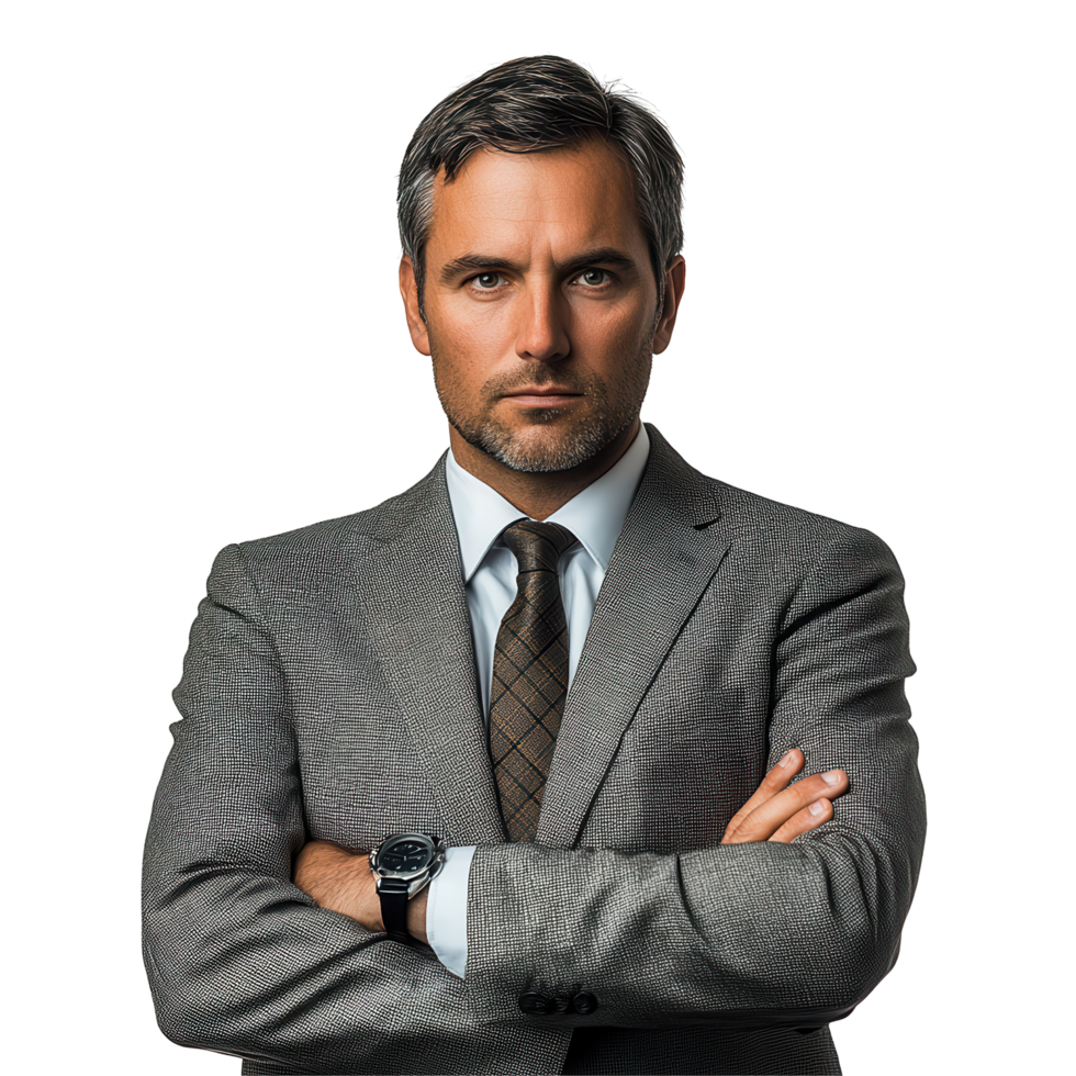 Confident businessman poses in stylish suit with crossed arms and focused expression in a professional setting isolated on transparent background png