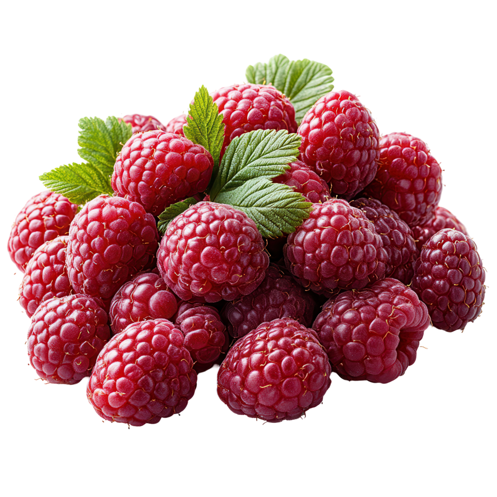Fresh ripe raspberries with vibrant green leaves piled together showcasing their texture and color in a natural setting isolated on transparent background png