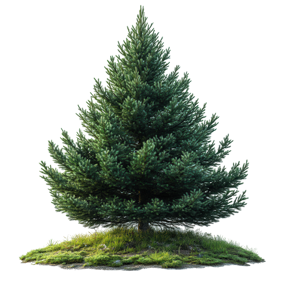 Lush evergreen tree standing alone on a patch of green grass in natural light, showcasing its dense foliage and symmetrical shape isolated on transparent background png