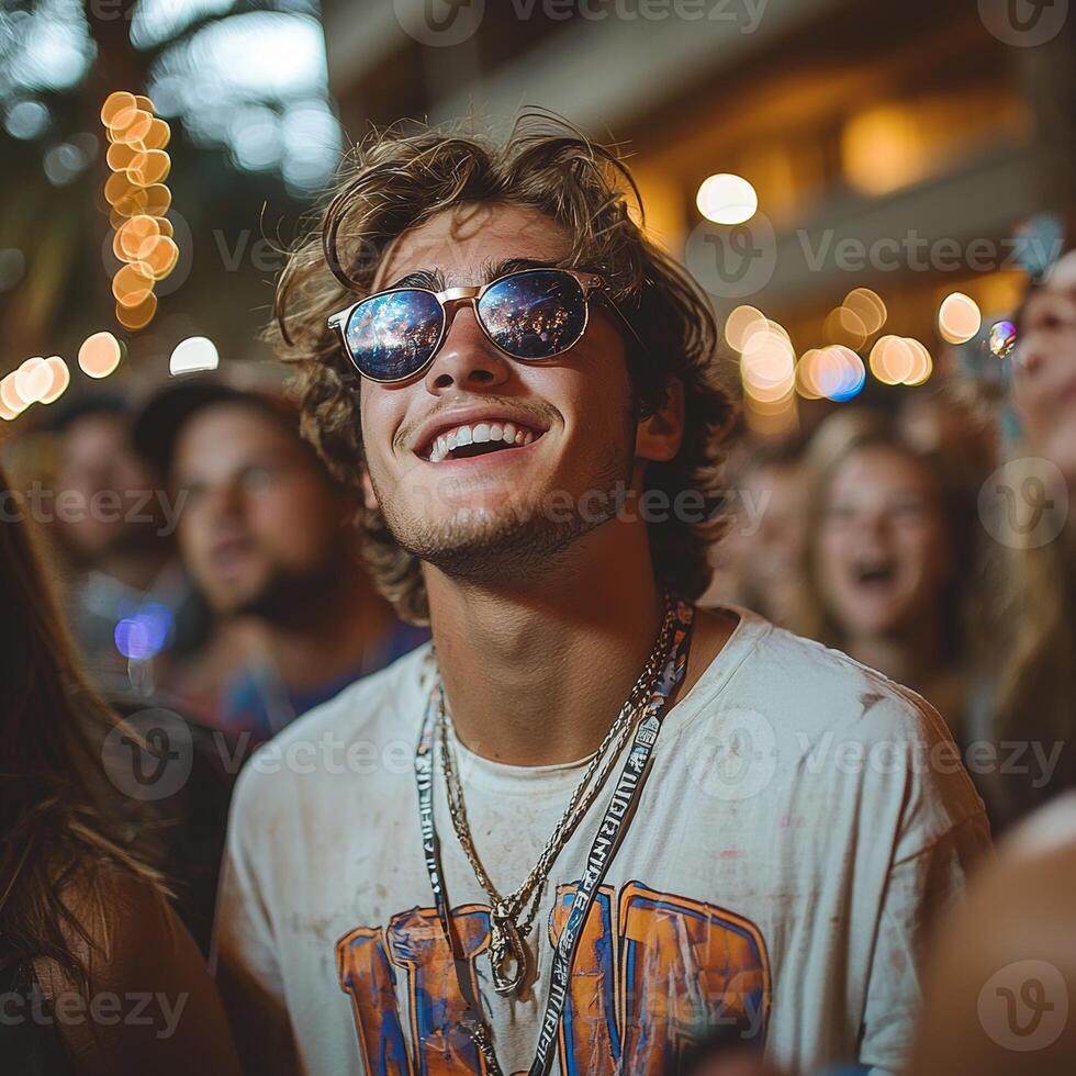 Young man enjoying outdoor event with friends and vibrant bokeh background effect photo