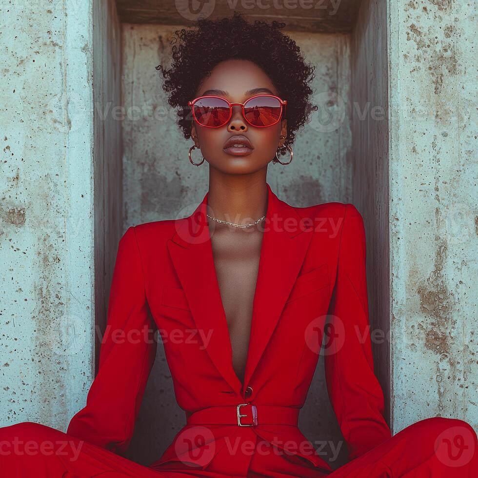 Confident woman in red pantsuit and glasses posing in an urban setting photo