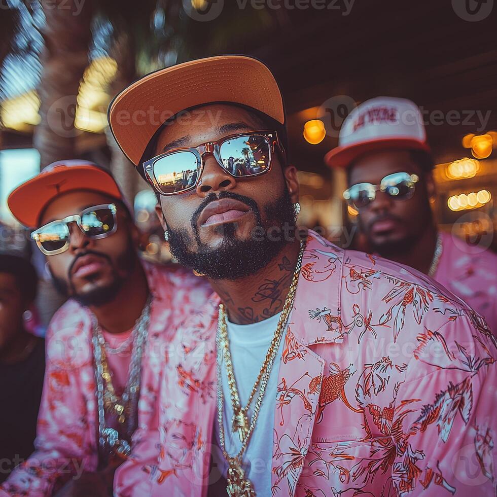 Three fashionable men wearing stylish pink outfits and sunglasses outdoors photo