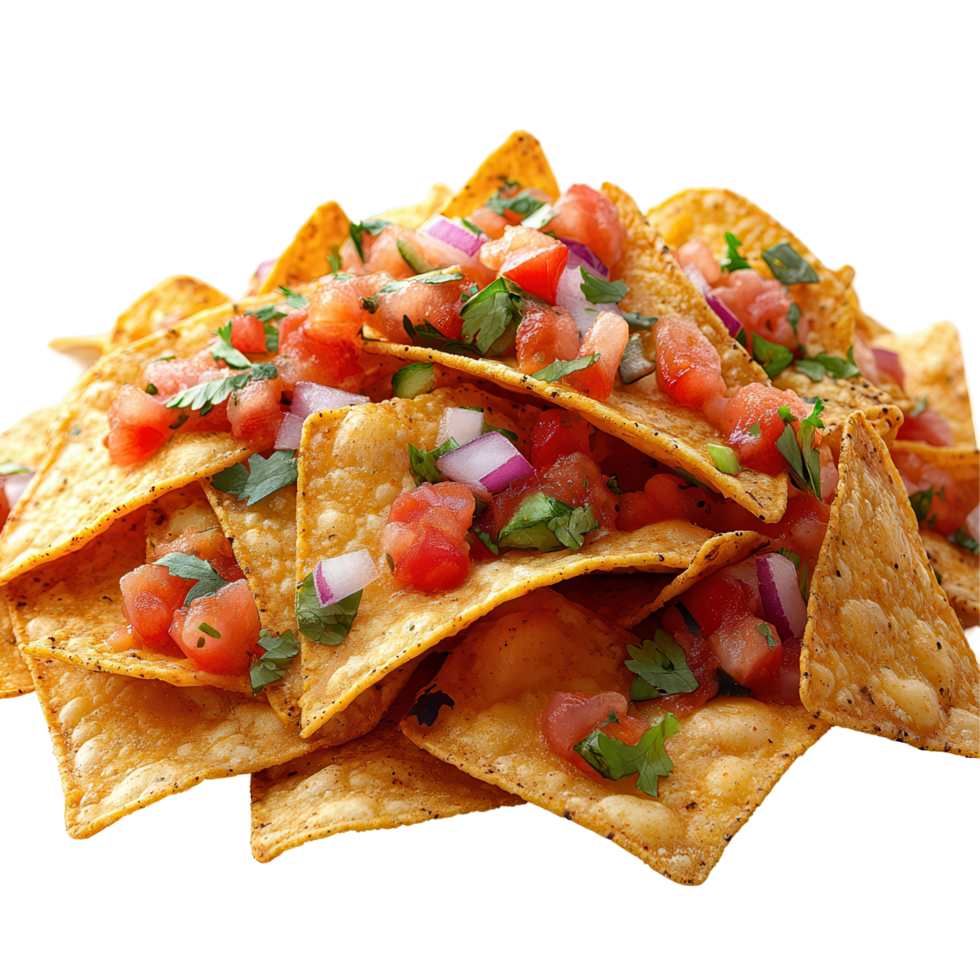 Crispy tortilla chips topped with fresh salsa and cilantro at a casual gathering isolated on transparent background png