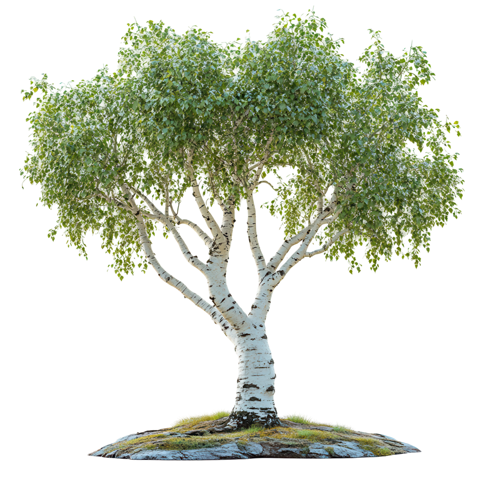 Birch tree with lush green leaves stands on a rocky base in a serene outdoor setting isolated on transparent background png
