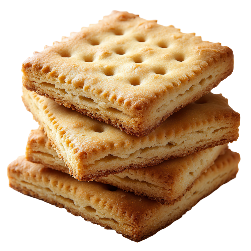 Savory crackers stacked in layers showcasing golden brown texture and perforations isolated on transparent background png