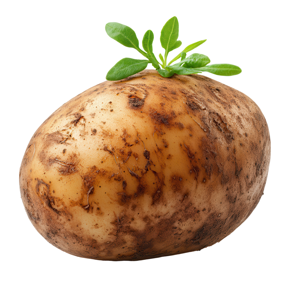 Freshly harvested potato with green sprout displaying earthy texture and natural growth under studio lights isolated on transparent background png
