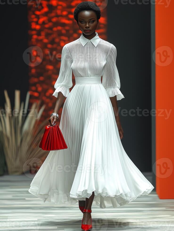 Elegant fashion model showcasing a white outfit with red accessories on runway photo